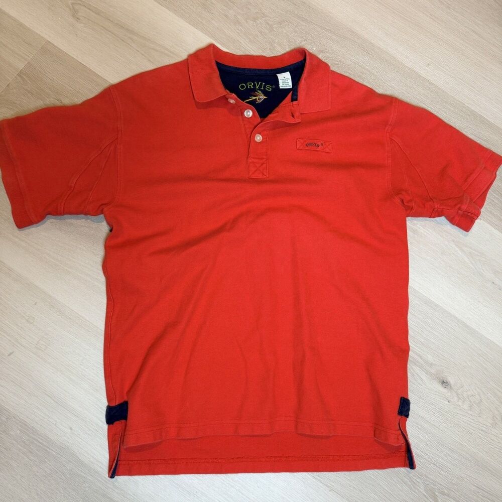 Orvis Polo Mens M Red Short Sleeve Embroidered Contrast Trim Side Vents